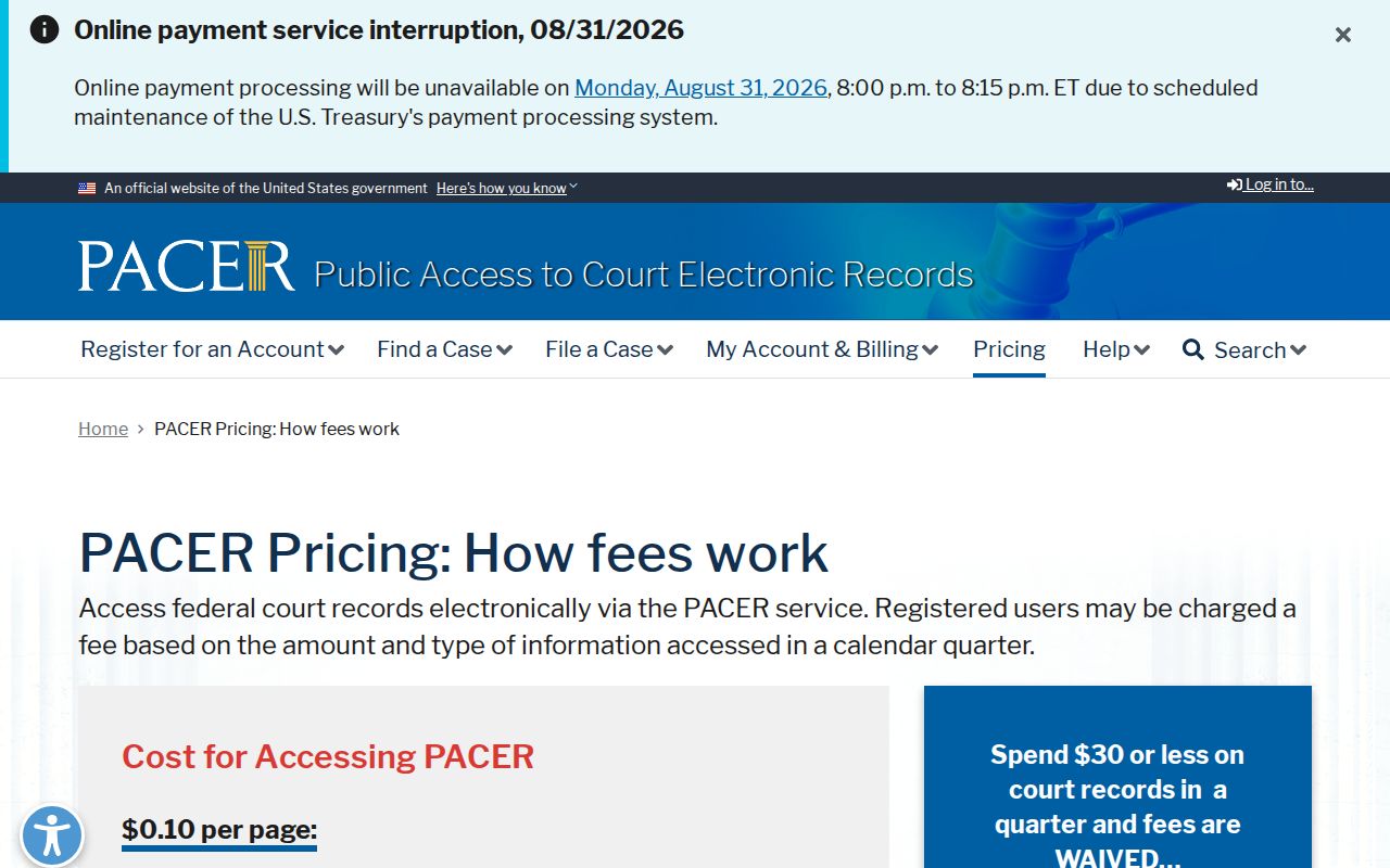 Burton court docket research source for federal PACER pricing