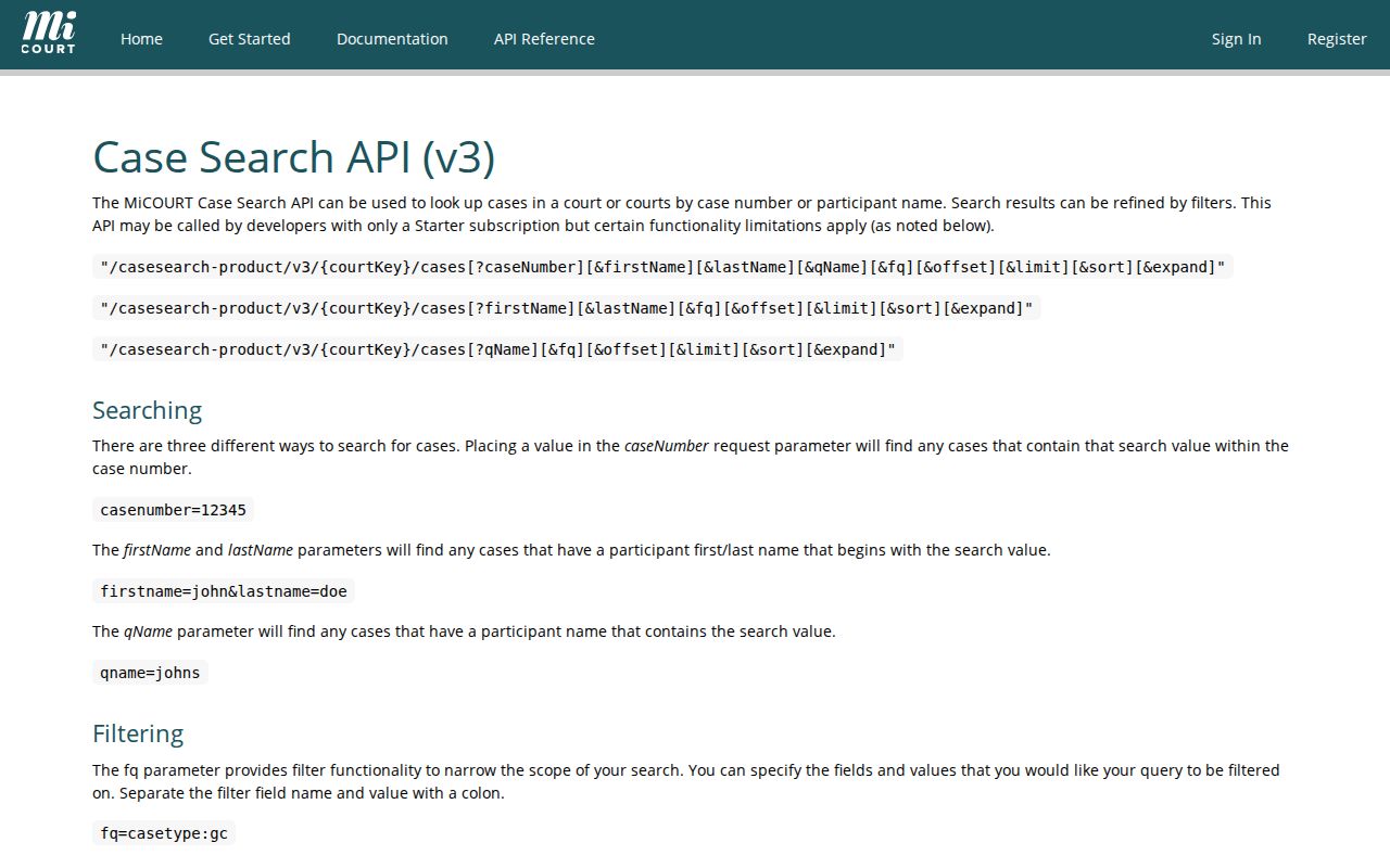 Genesee County case lookup and MiCOURT search API reference