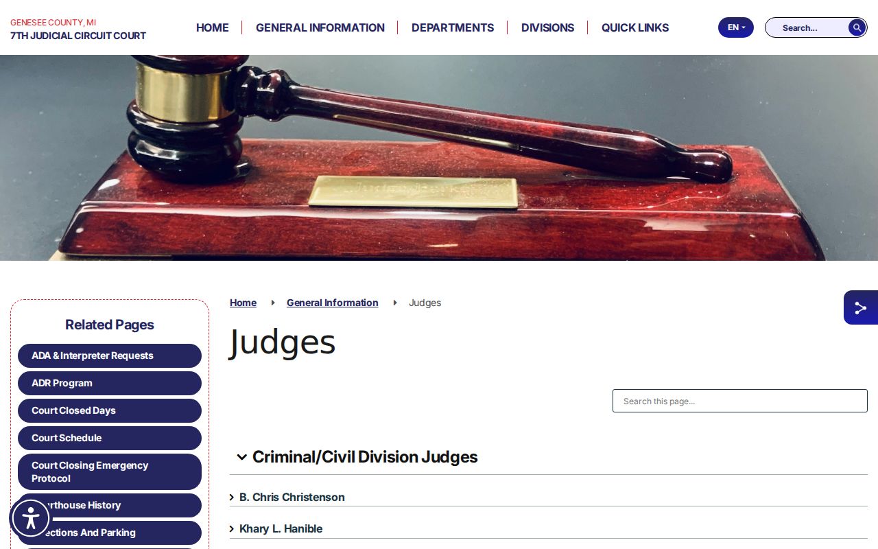 Genesee County court dates on the 7th Judicial Circuit Court judges page