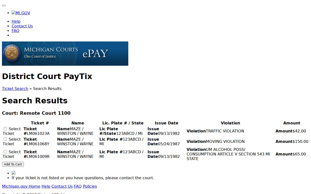 Genesee County traffic tickets in the Michigan ePAY results table