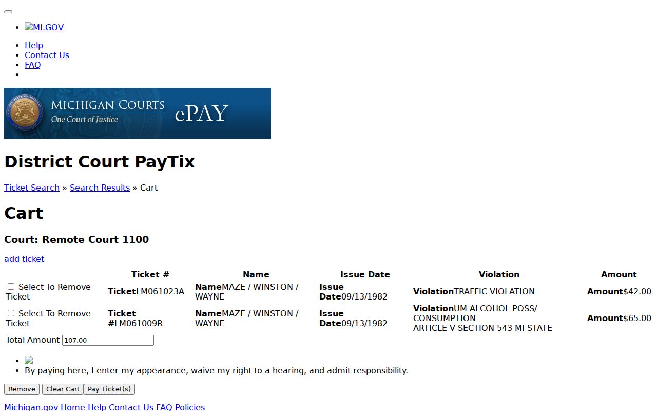 Genesee County traffic tickets in the Michigan ePAY cart